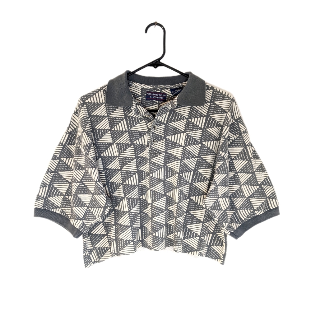 Vintage 90s Grey/White Oversized Cropped Polo Neck Tee